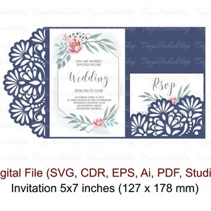 Tri-Fach 5 x 7'' Einladung Vorlage - SVG, Ai, KRS, Eps, Pdf - Laser-Cut-Vorlage - Cricut - Silhouette - Folie - sofort-Download 303