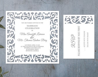 May include: White wedding invitation with a decorative border. The invitation reads "You are warmly invited to the marriage celebration of Miss Annabeth Lavinsen & Mr. Thomas Andrew Berg. Saturday, April 12, 2019 at three o'clock in the afternoon, Riverway Country Club, 885 Riverway Drive, Riverton, Georgia."
