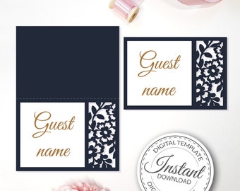 Pode incluir: Um cartão de lugar de casamento azul marinho e branco com um design floral. O cartão tem o texto "Nome do convidado". O cartão é um modelo digital para download instantâneo.