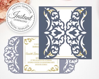May include: A digital template for a wedding invitation with a blue and gold design. The invitation features a laser cut design with intricate floral patterns. The text on the invitation reads "You are invited to the marriage of Annabeth Lainic Sept. at three o'clock in the afternoon. Riverway Country Club, 325 Riverway Drive, Riverton, Georgia."