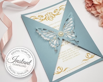 Gate-fold 5x7'' invitation template - SVG, ai, CRD, eps, pdf - Butterfly - Laser Cut - Cricut - Silhouette - ScanNcut - Instant Download 257