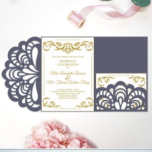 May include: A wedding invitation with a navy blue laser-cut design. The invitation includes gold text that reads "Marriage Celebration" and the names of the couple. The bottom of the invitation has the text "TanyaStudioShop Digital Template".
