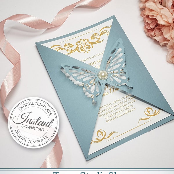Gate-fold 5x7'' invitation template - SVG, ai, CRD, eps, pdf - Butterfly - Laser Cut - Cricut - Silhouette - ScanNcut - Instant Download 257