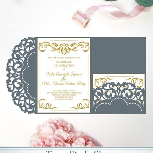May include: A gray wedding invitation with a decorative laser-cut design on the left side and a pocket on the right. The invitation features gold floral accents and text that reads "Marriage Celebration" and names. The bottom of the invitation has the text "TanyaStudioShop".