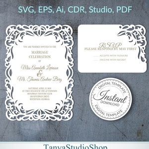 5 x 7'' Einladung Vorlage + Rsvp - SVG, Ai, KRS, Eps, Pdf - Laser-Cut-Vorlage - Cricut - Silhouette - Folie - sofortiger Download - 251