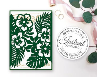 Gate-fold 5x7'' Tropical invitation template - SVG, ai, CRD, eps, pdf - Laser Cut Template - Cricut - Silhouette - ScanNcut - Digital 373