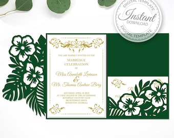 Tri-fold 5x7'' Tropical invitation template - SVG, ai, CRD, eps, pdf - Laser Cut Template - Cricut - Silhouette - ScanNcut - Digital 376