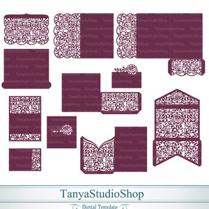 Conjunto de convite grande > SVG, ai, CRD, eps, studio3 > Modelo Cricut, Envelope, Dobra tripla, Cartão de lugar, Convite plano, Bellyband > Baixar 009