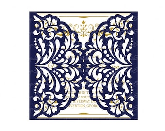May include: A navy blue laser cut wedding invitation template with a decorative floral design. The template is for a digital download.