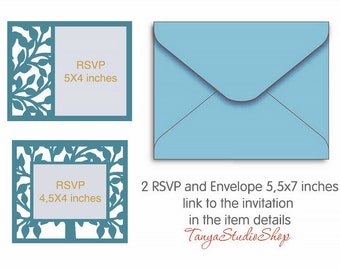 May include: Two teal blue RSVP cards with a leafy design and a white background. The text "RSVP" is printed in gold on each card. The larger card measures 4.5 by 4 inches and the smaller card measures 5 by 4 inches. A light blue envelope is also included, measuring 5.5 by 7 inches. The text "TanyaStudioShop" is printed in black at the top and bottom of the image.