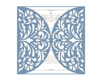 May include: A digital template for a wedding invitation with a blue background and a white intricate floral design. The text "TanyaStudioShop Digital Template" is at the bottom of the image.
