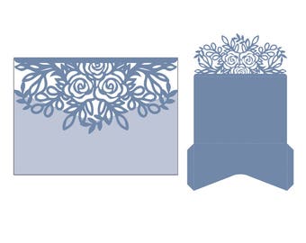 Puede incluir: Una plantilla digital para una invitación de boda cortada con láser con un diseño floral. La plantilla incluye una tarjeta con un borde floral y un sobre separado con un diseño floral en la solapa.