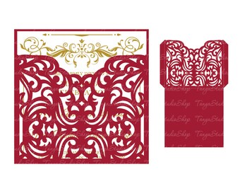 Puede incluir: Una plantilla digital para un sobre de invitación de boda cortado con láser. El sobre es rojo con un diseño intrincado dorado. El diseño es un patrón floral con remolinos y curvas.