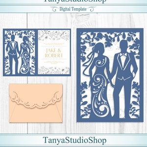 2 Einladungen + RSVP + Umschlag - SVG, Ai, KRS, Eps - Braut und Bräutigam - Laser Cut - Silhouette Cameo - Cricut - Instant Download 091