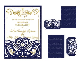 Puede incluir: Una plantilla digital para una invitación de boda con un diseño azul marino y dorado. La invitación presenta un corazón decorativo con un diseño floral y el texto "Están cordialmente invitados a la celebración del matrimonio de la señorita Annabeth Levinson y el señor Andrew Berg".