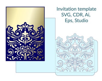 May include: A digital template for an invitation card with a gold and blue damask pattern. The template is for laser cutting and includes SVG, CDR, Ai, Eps, and Studio file formats. The text "Invitation template SVG, CDR, Ai, Eps, Studio" and "TanyaStudioShop Digital Template" is included in the image.