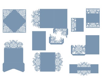 May include: A digital template for a wedding invitation with a floral design. The template includes a variety of pieces, including an envelope, a card, and a belly band. The design is in a light blue color.