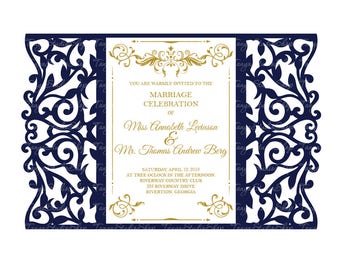 May include: A navy blue and gold wedding invitation with a decorative floral design. The invitation reads "You are warmly invited to the marriage celebration of Miss Amabeth Levinson & Mr. Thomas Andrew Berg. Saturday, April 12, 2019 at three o'clock in the afternoon Riverway Country Club 325 Riverway Drive Riverton, Georgia."