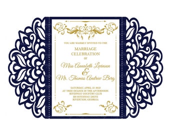 May include: A navy blue and white wedding invitation with a gold filigree design. The invitation reads "You are warmly invited to the marriage celebration of Miss Annabeth Levinson & Mr. Thomas Andrew Berg. Saturday, April 12, 2019 at three o'clock in the afternoon, Riverway Country Club, 325 Riverway Drive, Riverton, Georgia."