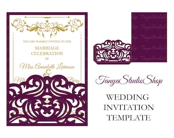 Puede incluir: Una plantilla de invitación de boda en morado y dorado con un diseño decorativo, intrincado y cortado con láser. El texto dice "Están cordialmente invitados a la celebración del matrimonio de la señorita Annabeth Levinson y el señor Berg".