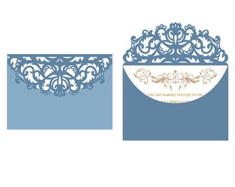May include: A light blue wedding invitation with intricate laser-cut detailing. The invitation features a decorative top edge and a gold floral design. Text reads, "You are warmly invited to the marriage."