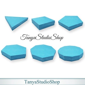 May include: Six different box templates in light blue. The boxes are in the shapes of a triangle, square, hexagon, and octagon. The text "Tanya Studio Shop Digital Template" is at the bottom of the image.