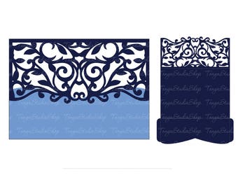 Puede incluir: Una plantilla digital para una invitación de boda cortada con láser. El diseño presenta un patrón floral azul y blanco con un borde decorativo. La plantilla está disponible para descargar y se puede utilizar para crear invitaciones personalizadas.