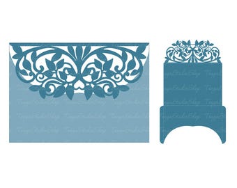 Puede incluir: Una plantilla digital para una invitación de boda cortada con láser. El diseño presenta un patrón floral azul y blanco. La plantilla incluye un bolsillo para la tarjeta de invitación y una pieza separada para el sobre exterior.