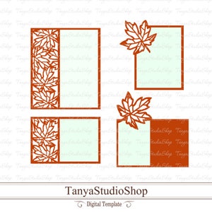 May include: Four rectangular digital templates with a fall theme. Each template features a maple leaf design in shades of orange and brown. The templates are labeled "TanyaStudioShop" and "Digital Template".