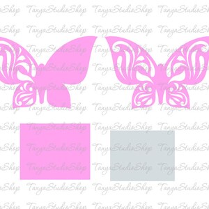 May include: Two pink butterfly-shaped cutouts with intricate designs. The butterflies are on a white background with a pink and a gray square below them.