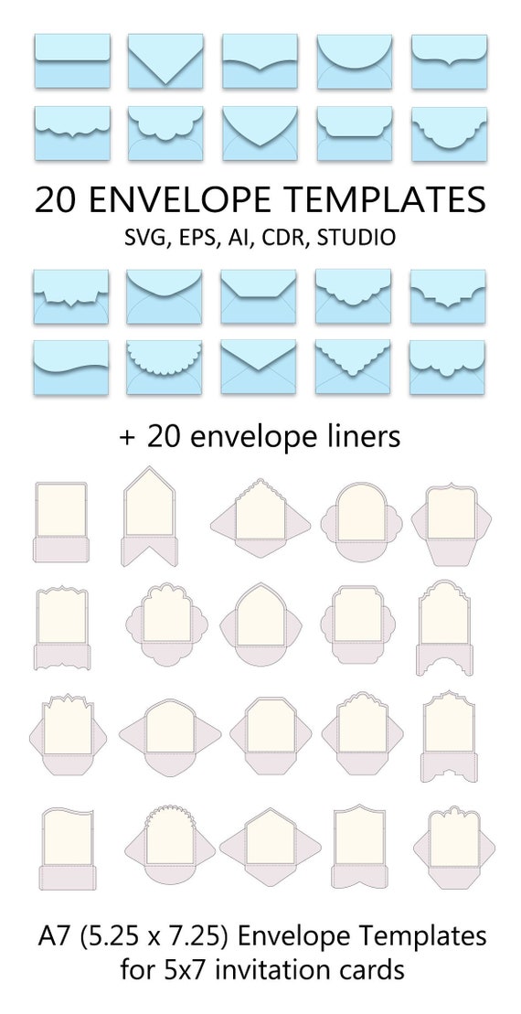 Set of 20 A7 Envelope Templates (5.25 x 7.25) for 5x7 invitation card > SVG, ai, CRD, eps > Cricut > Cameo > ScanNcut > Instant Download 311