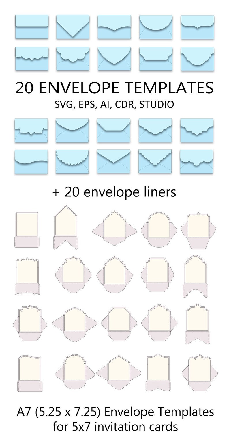 Set of 20 A7 Envelope Templates (5.25 x 7.25) for 5x7 invitation card > SVG, ai, CRD, eps > Cricut > Cameo > ScanNcut > Instant Download 311 image 1