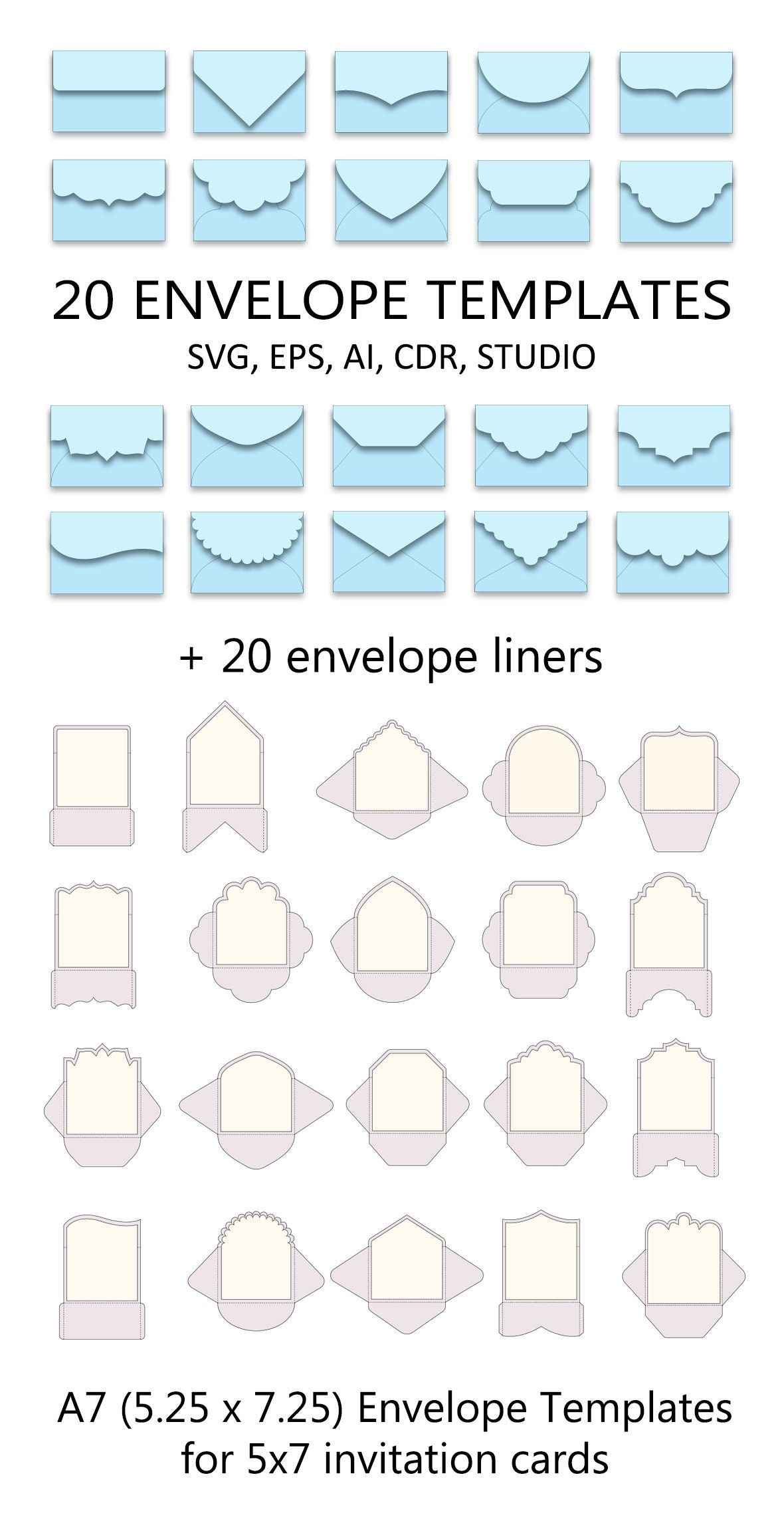 Set of 20 A7 Envelope Templates (5.25 x 7.25) for 5x7 invitation card >  SVG, ai, CRD, eps > Cricut > Cameo > ScanNcut > Instant Download 311