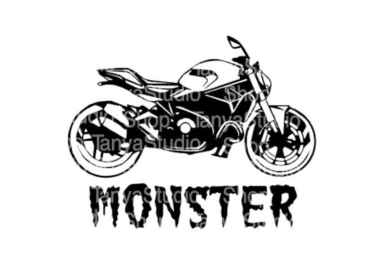 May include: Black and white silhouette of a motorcycle with the word "MONSTER" underneath.