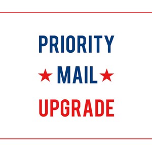 May include: A white square with a red border. The text "PRIORITY MAIL UPGRADE" is in blue and red letters with two red stars.