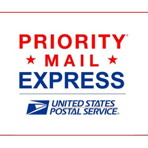May include: A white square with a red border. The text "PRIORITY MAIL EXPRESS" is in blue and red letters. The text "UNITED STATES POSTAL SERVICE" is in blue letters.