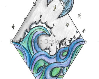 Moon and Sea Digital Art, Ocean Print, Coastal Wall Decor, Moon Art Print, Sea themed Artwork, Instant Download
