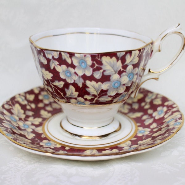 Royal Albert Chintz Teacup & Saucer, Vintage Royal Albert Bone China, Burgundy and Blue Cup and Saucer, Brocade Pattern Teacup