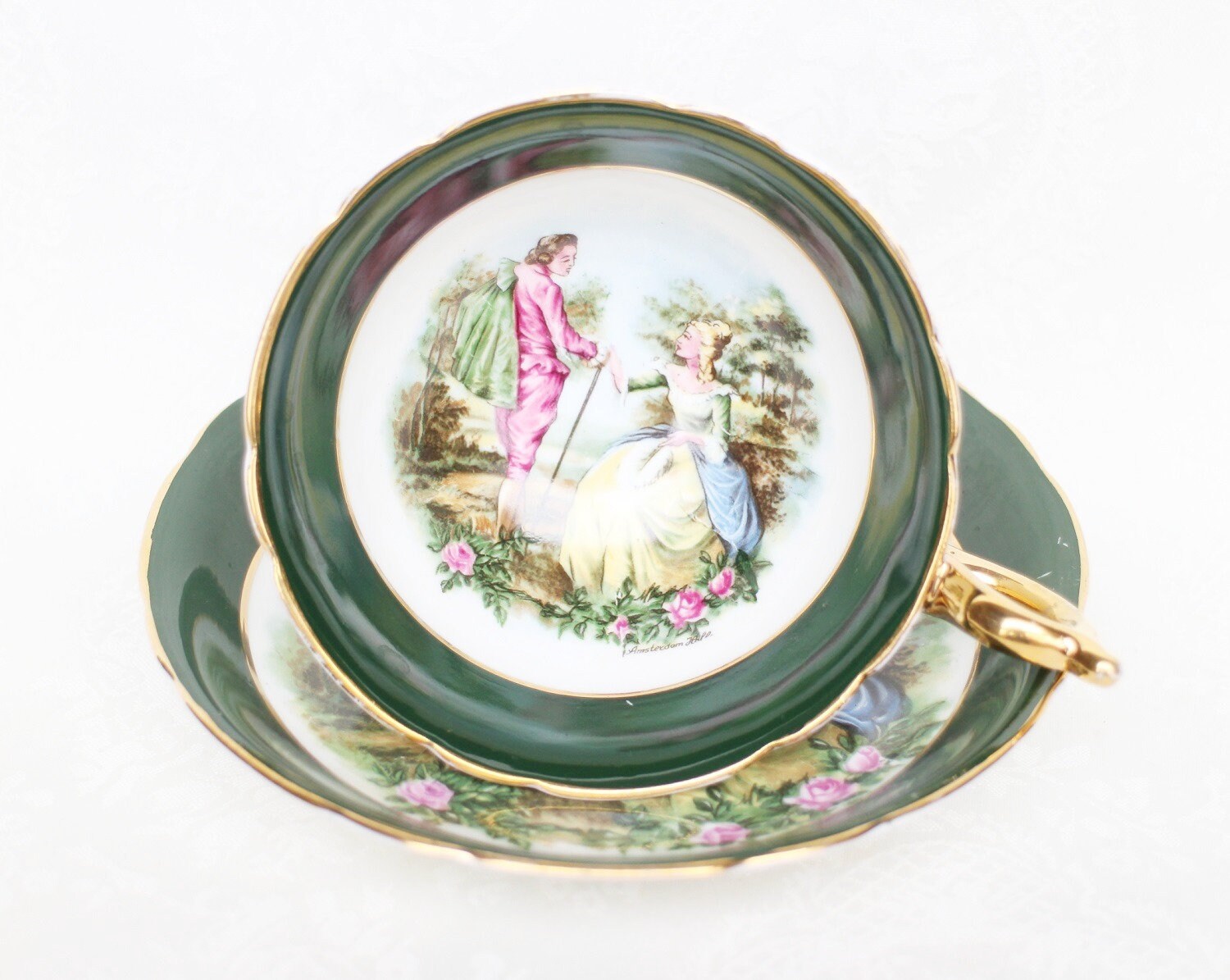 Regency Love Story Teacup and Saucer, Amsterdam Hall English Bone China Courting Dated Couple, Green and Gold Cup