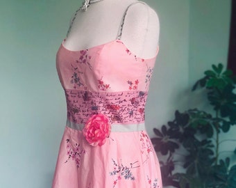 70s Pink Dolly Dress  cotton graduation spaghetti strap / bouncy crinoline hem