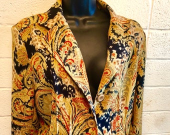 Mustard Crop Jacket  / tailored / Art Deco print / office wear / size 12