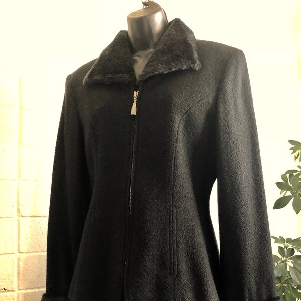 90s Fur Collar Suit black wool boucle faux fur cuffs designer  Lauren Taylor