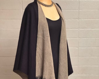 Ruana Reversible Black Beige soft wool Poncho variable size 39x102"