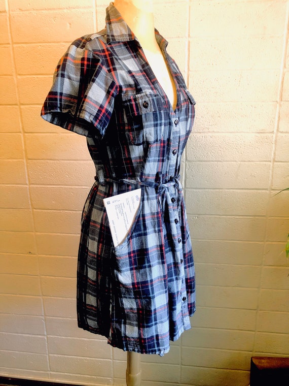 Cotton Plaid Shirt Dress Button Down retro