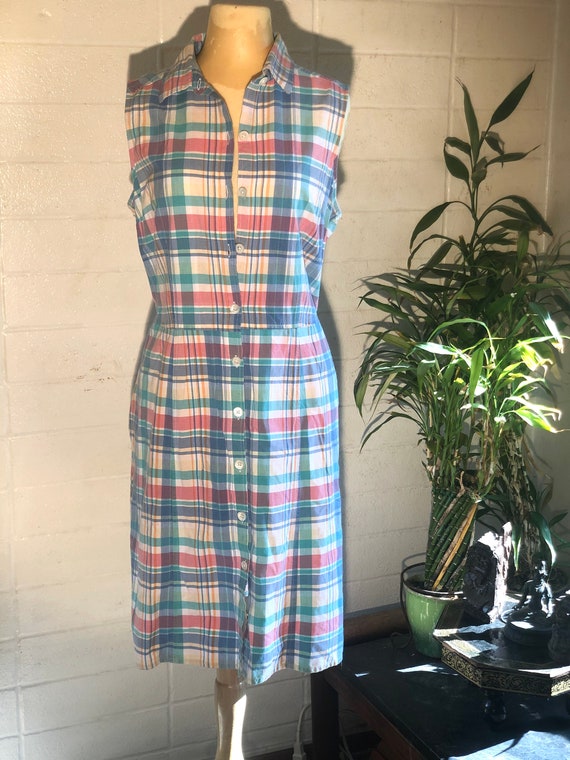 70s Plaid Maxi Dress button down baby blue and pin