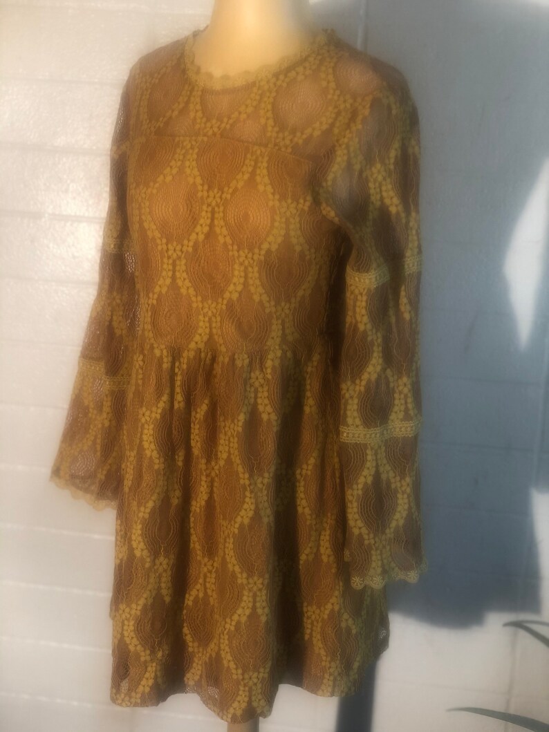 Chartreuse Lace Dress sm vintage open crochet boxy