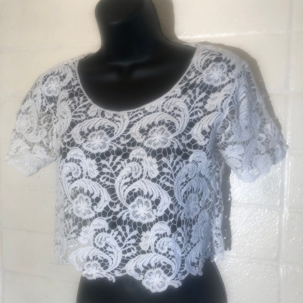 Lace Crop Pullover white bridal top / cap sleeves bolero /  Xsm