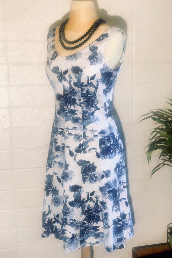 chaps midi dress Chaps White Cotton Dress indigo blue print / midi length/small