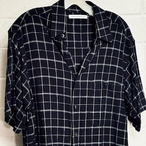 Men Linen Shirt black plaid short sleeve streetwear made in England