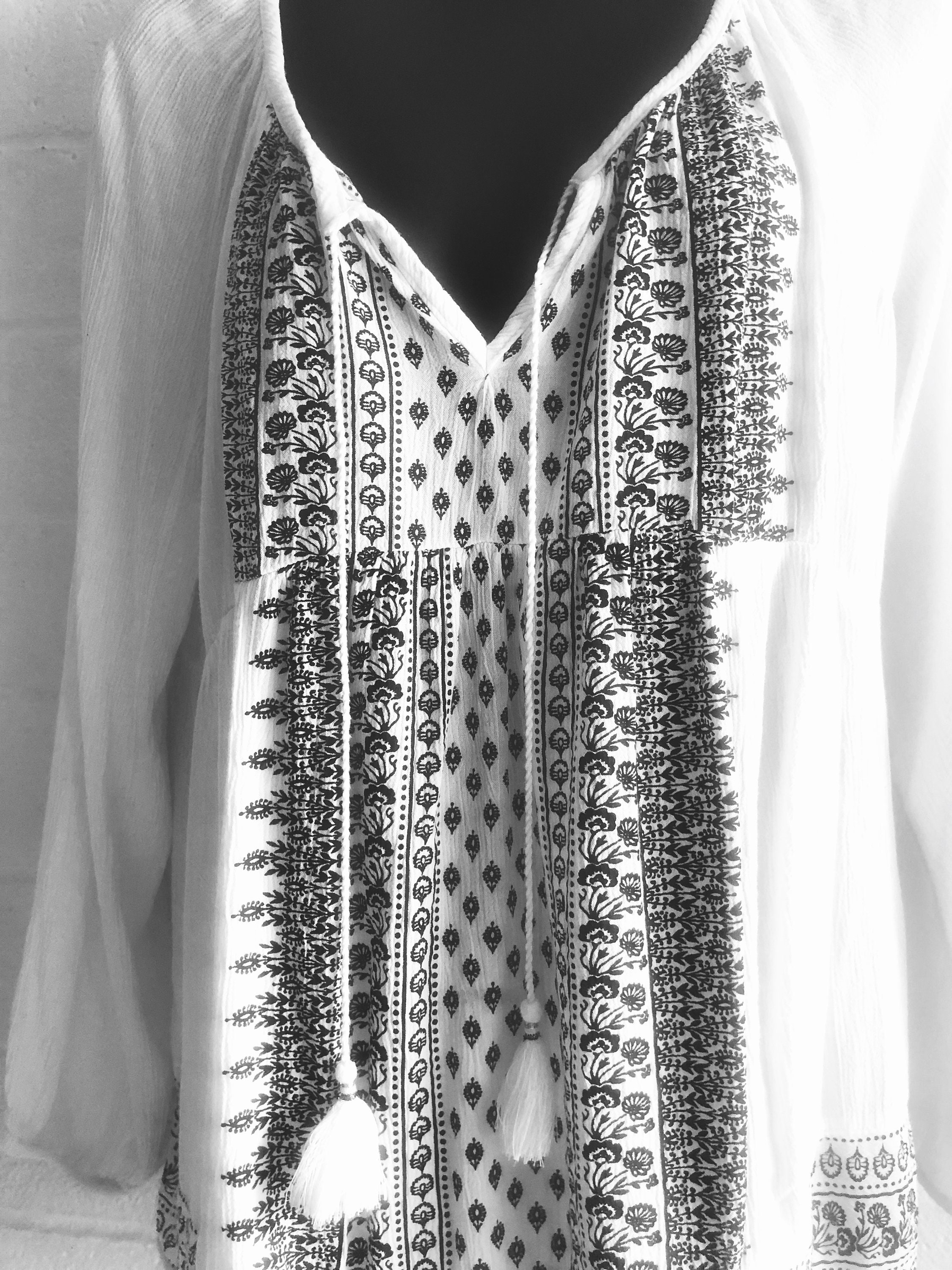 White Peasant Blouse Embroidered Print / Viscose / Long Sleeve/ Small